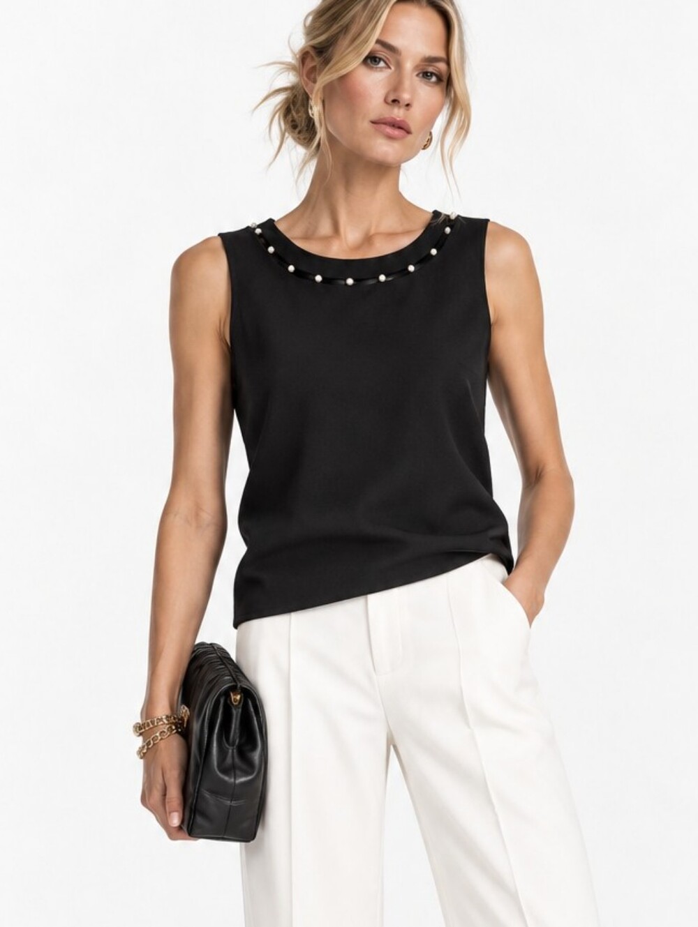 Ann Taylor Black Pearl Tank Top Embellished